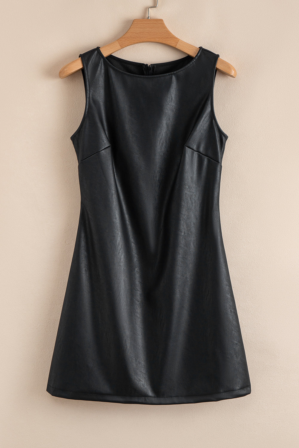Coffee Faux Leather Sleeveless Round Neck Mini Dress