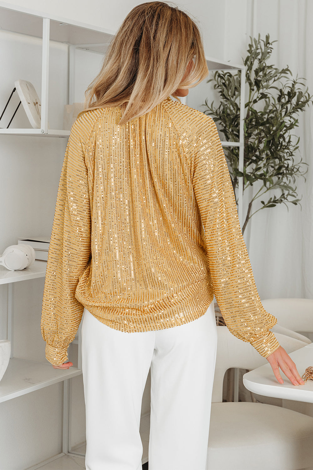 Metallic Balloon Sleeve Buttoned High Neck Loose Blouse