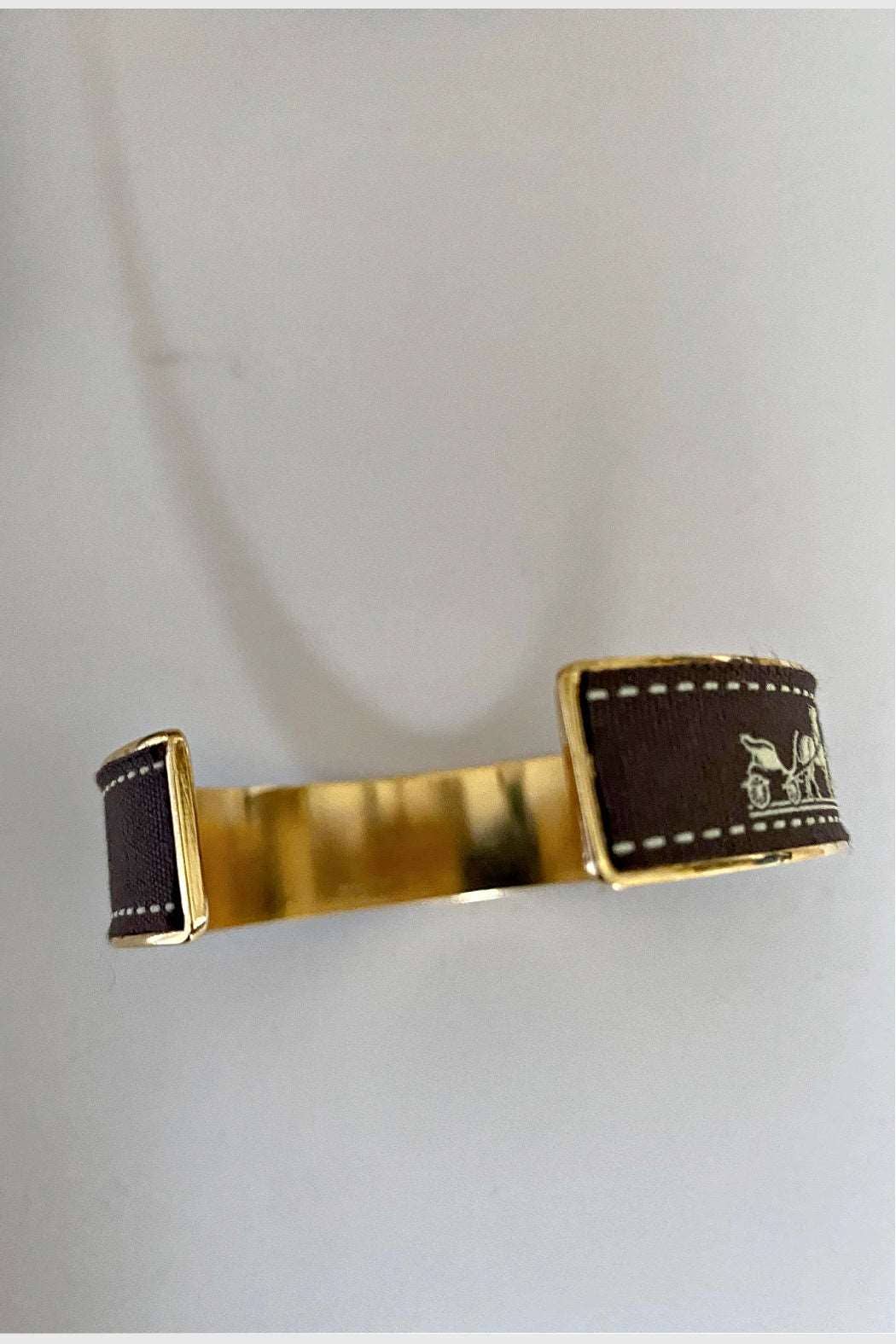 Hermes Brown Ribbon Up-Cycled 18K Gold Plated Cuff