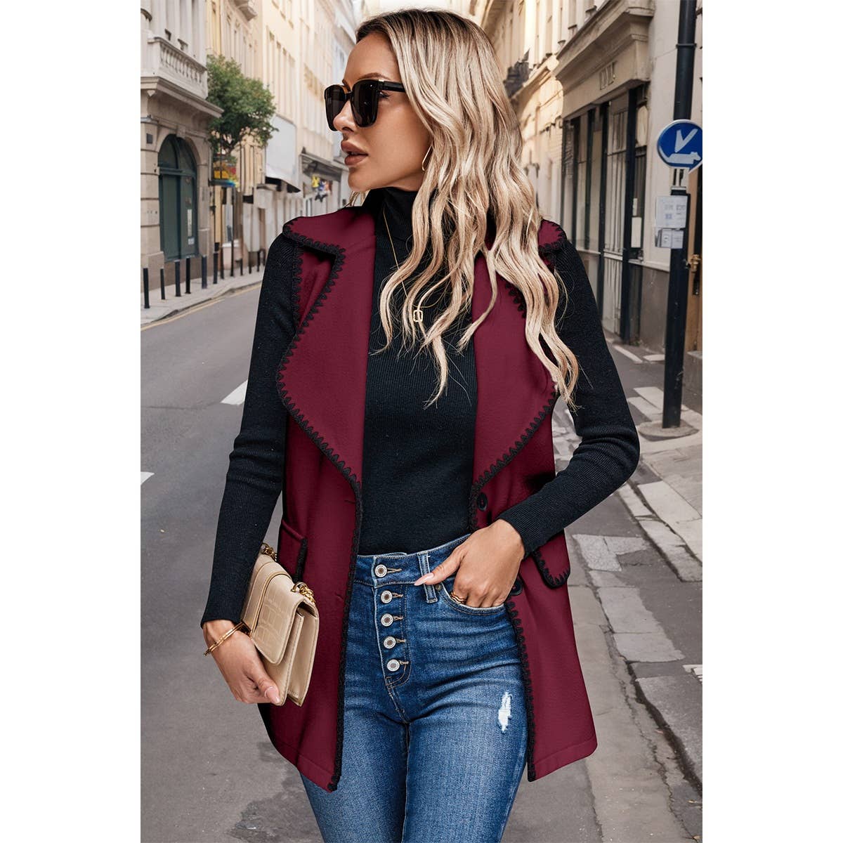 Color Block Tie Waist Button Down Vest