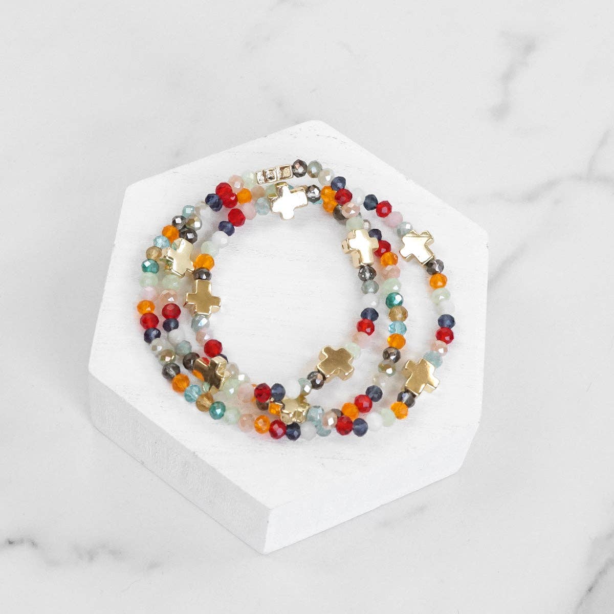 Mini Sideways Cross Bracelet stack Glass and gold metal beads