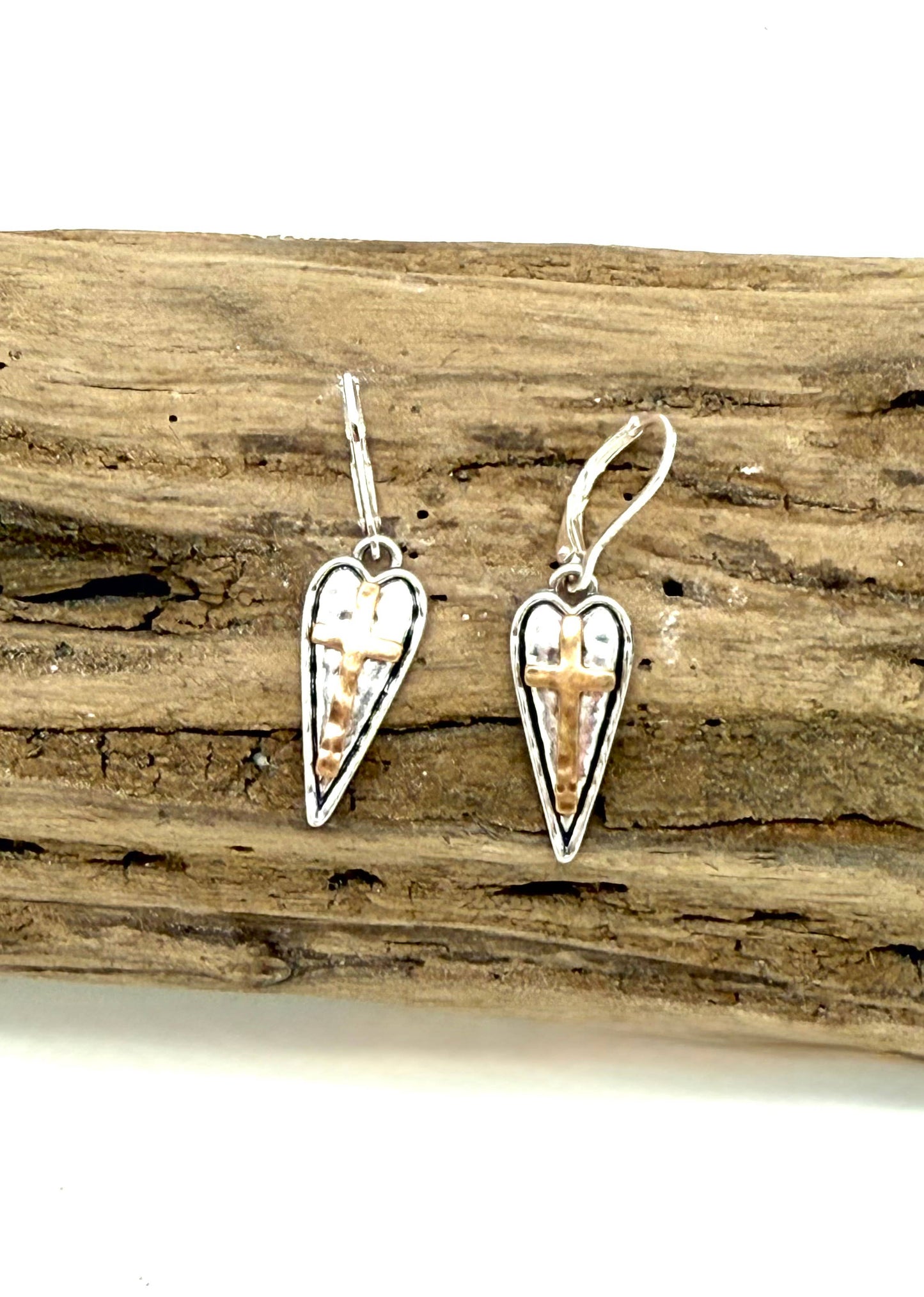 Earring Alloy Plated Heart w/Cross Drop w/Closed Hook