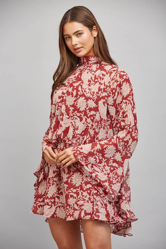 FLORAL PRINT WITH TIE BACK DETAIL RUFFLED PANEL FLOWY DRESS