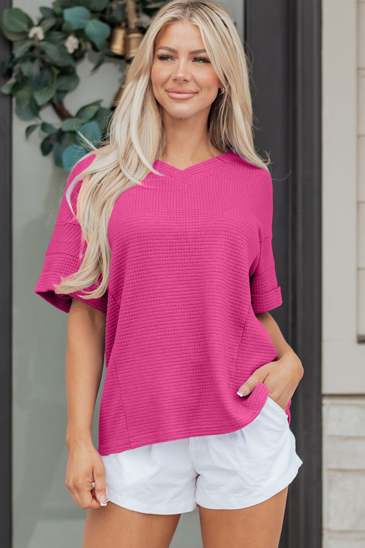 Grapefruit Orange Waffle V Neck Short Sleeve Knit Top