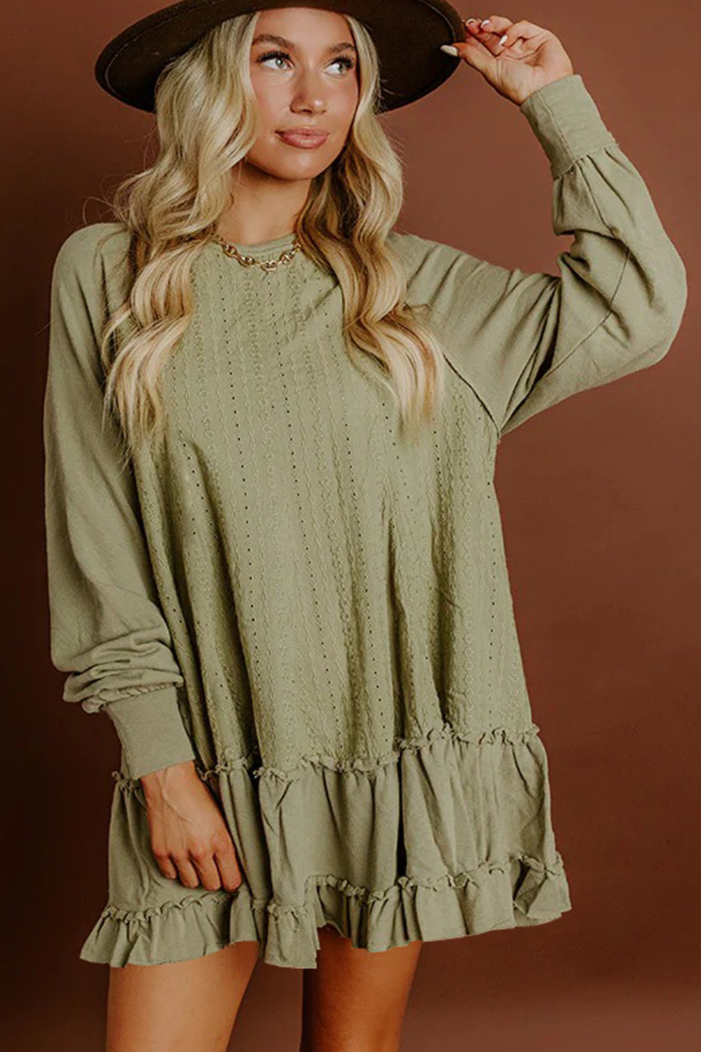 Laurel Green Jacquard Frilled Ruffled Long Sleeve Mini Dress