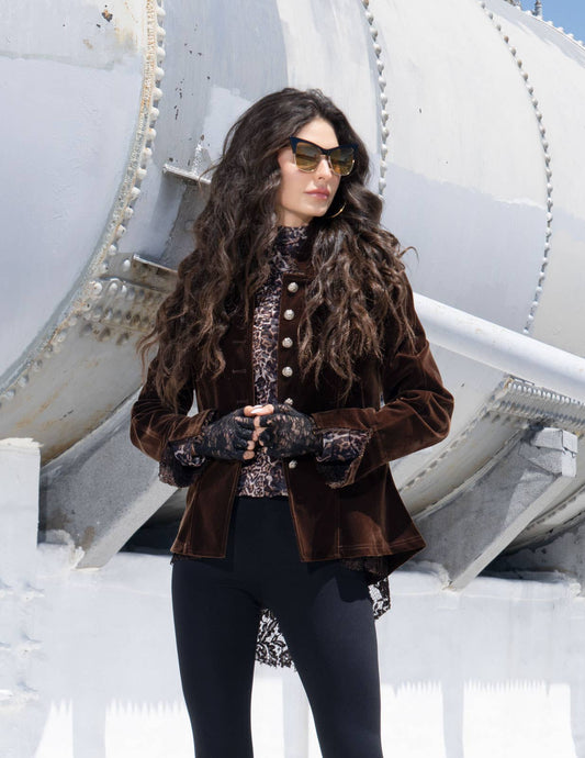 VELVET JACKET WITH LACE AND GROMENT TRIMMING