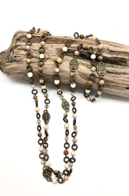 Necklace Antique Chain Picture Jasper(6mm) w/Asst. Cross 48”