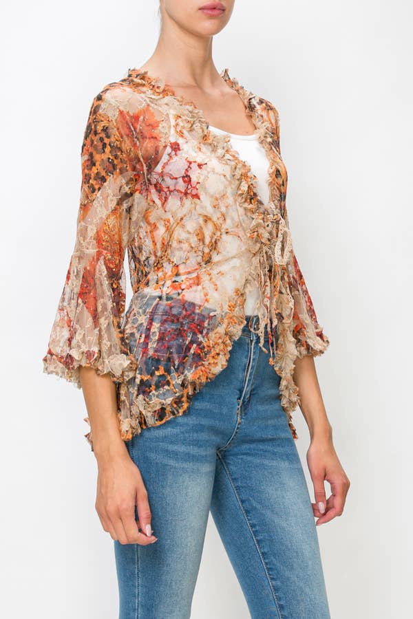 Sparkly Sheer Lace Tie-Front Cardigan
