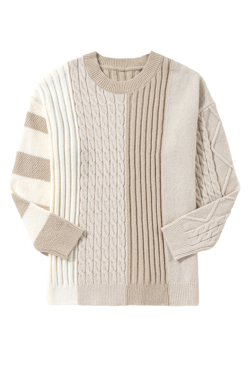 Khaki Cable Knit Colorblock Crew Neck Drop Shoulder Sweater