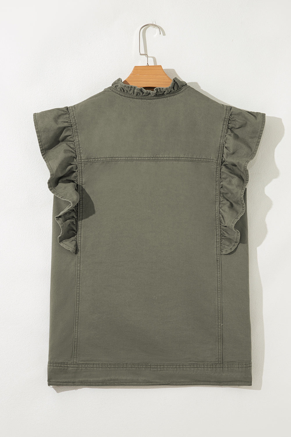 Pale Khaki Ruffle Plain Denim Jacket Vest