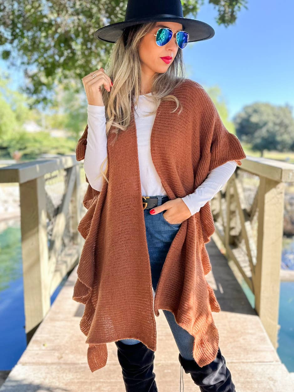 Soft Brown Ruffle Detail Open Front Lightweight Ruana Shawl