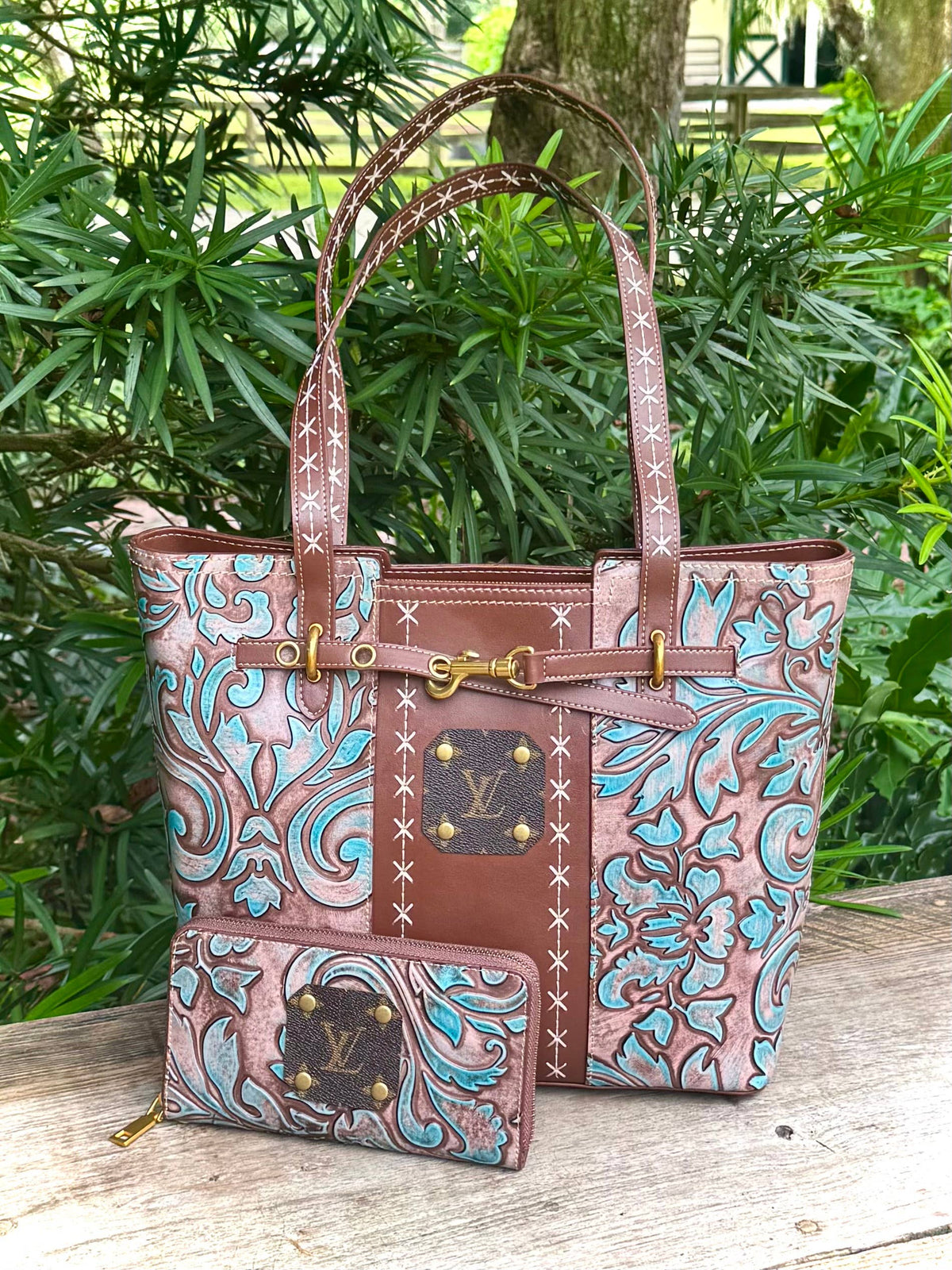 Upcycled LV Leather Tote Wallet Set Shoulder Bag Wristlet