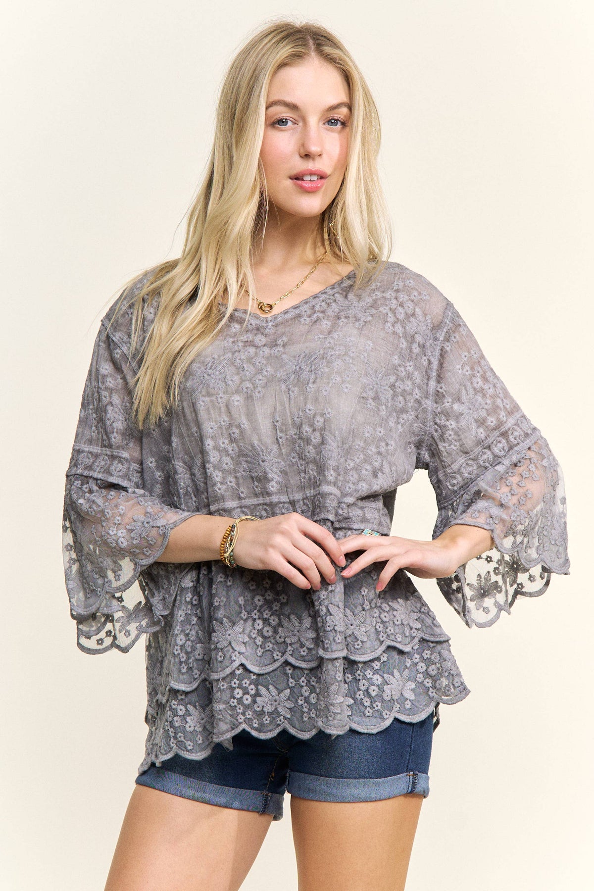 BELL SLEEVES LACE BLOUSE SCALLOP EDGE - CET3907