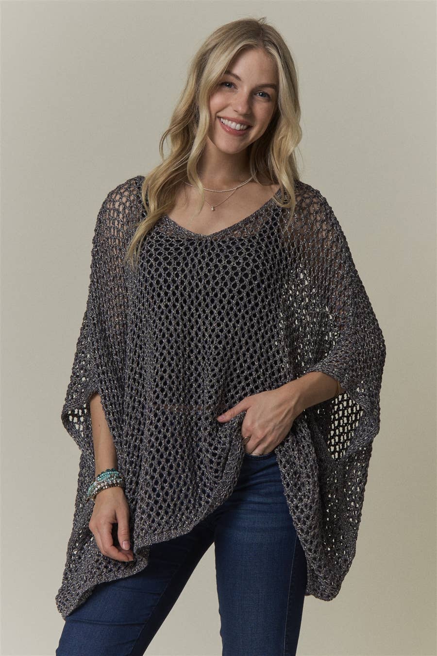 OPEN-KNIT PONCHO SWEATER TOP- CESW4486