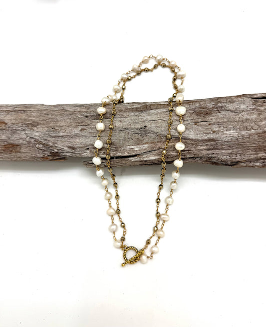 Necklace Baroque Pearl w/Pyrite Hematite Chain w/Toggle 18”