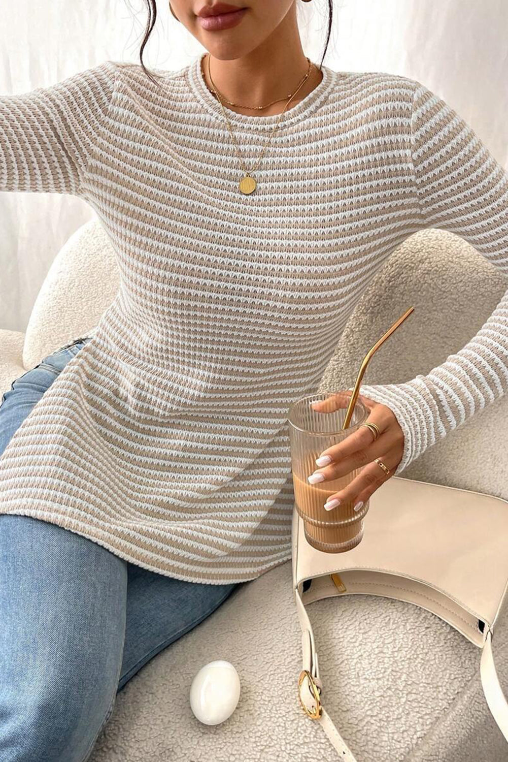 Jet Stream Striped Side Slit Round Neck Sheer Long Sleeve Top