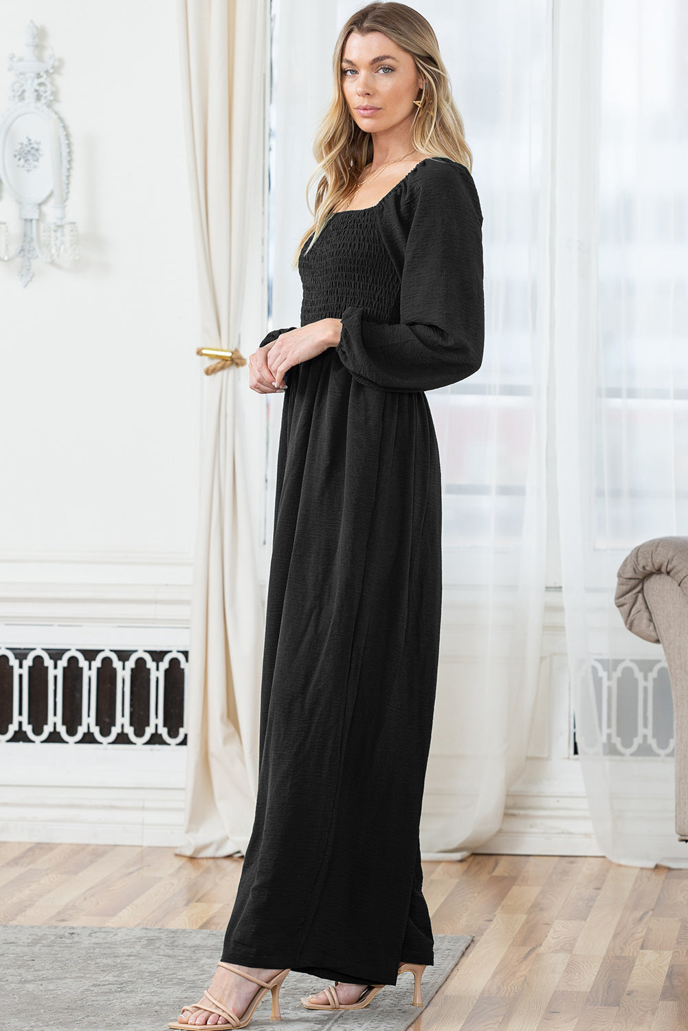 Smocked Square Neck Long Sleeve Wide Leg Jumpsuit