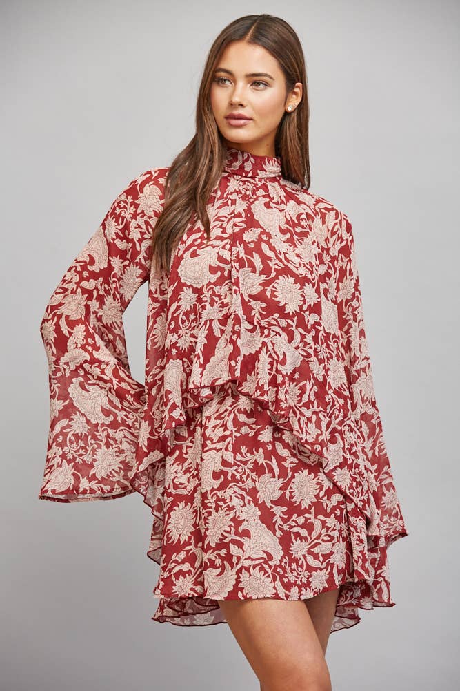 FLORAL PRINT WITH TIE BACK DETAIL RUFFLED PANEL FLOWY DRESS