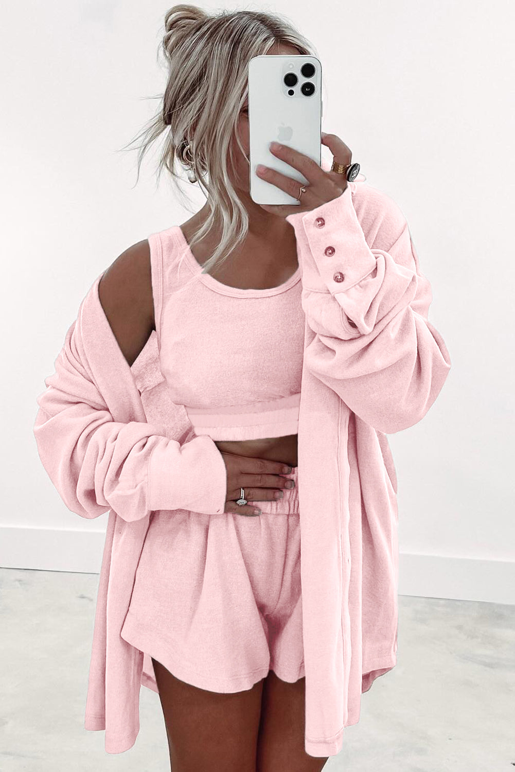 Gray Shirred Hem Crop Tank Top Loose Shorts Cardigan 3 Piece Pajama Set