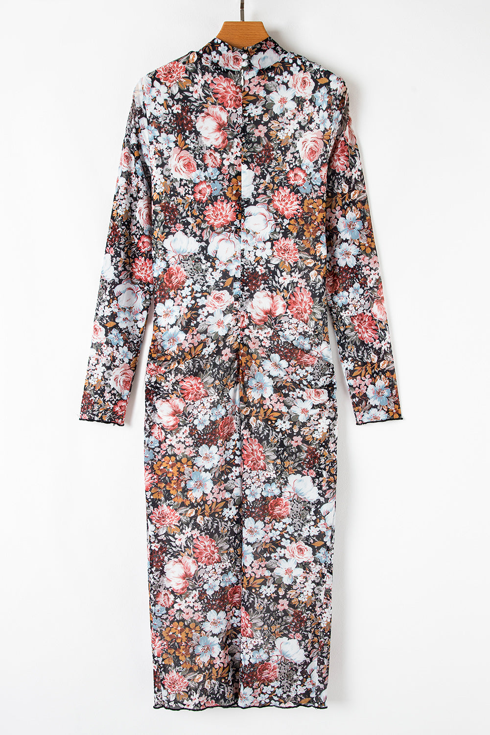 Brown Floral Allover Print Mock Neck Bodycon Midi Dress