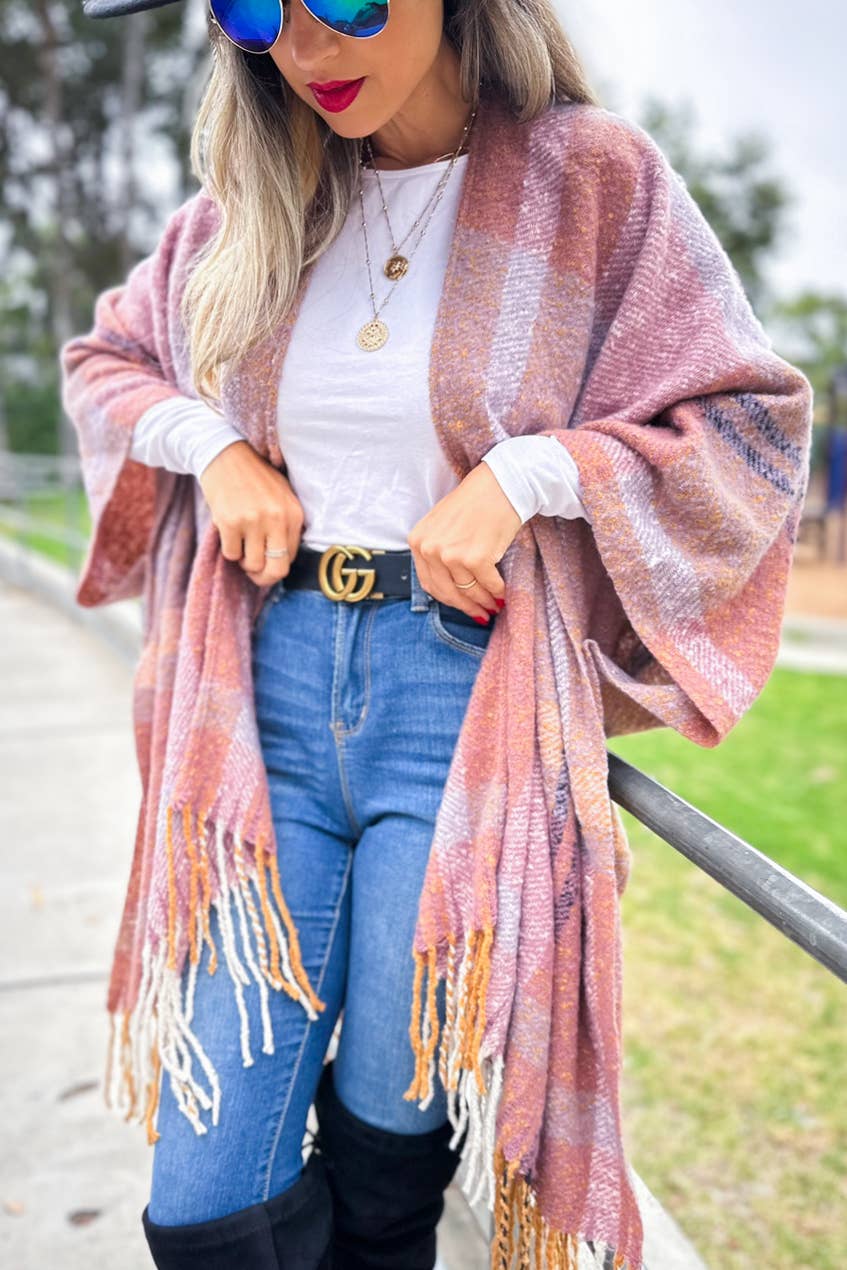 Mauve Multi Stripe Printed Soft Knit Ruana With Tassel