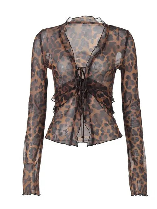 Print Mesh Leopard ruffled top 