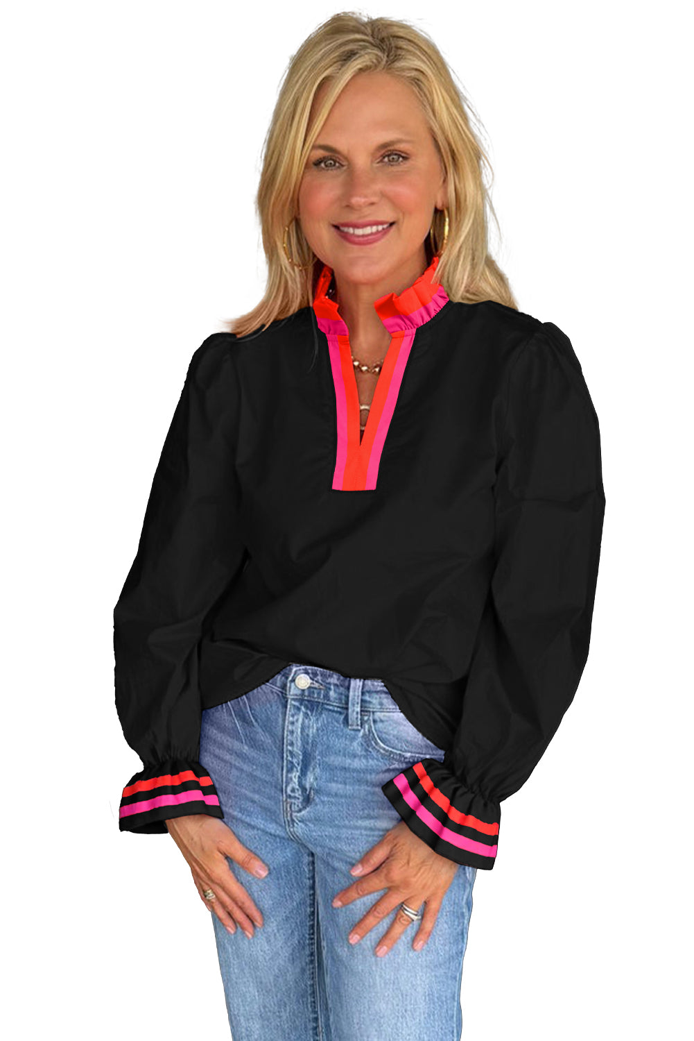 **Pre Order** Fiery Red Striped Trim Ruffle Split Neck Long Sleeve Blouse