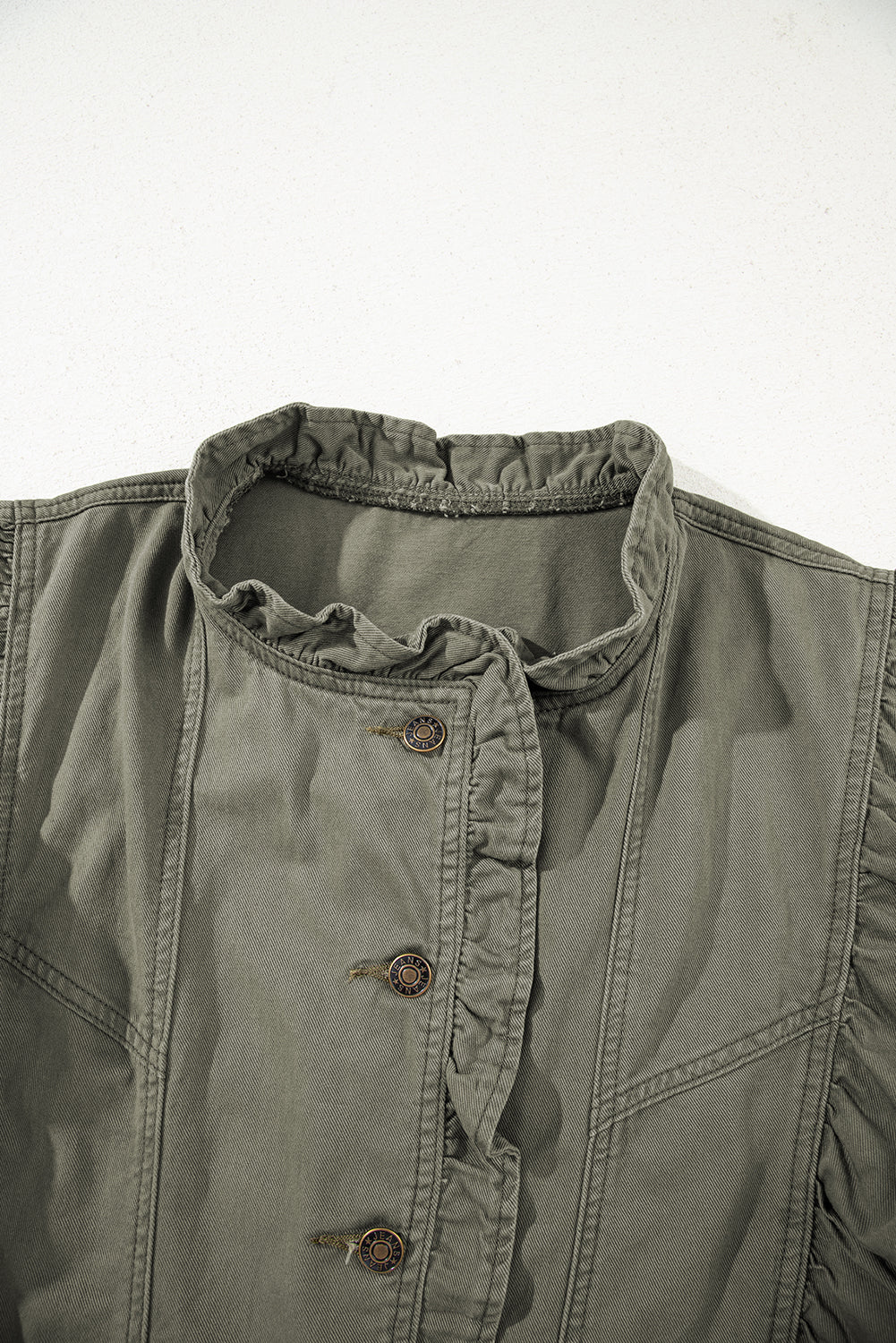 Pale Khaki Ruffle Plain Denim Jacket Vest