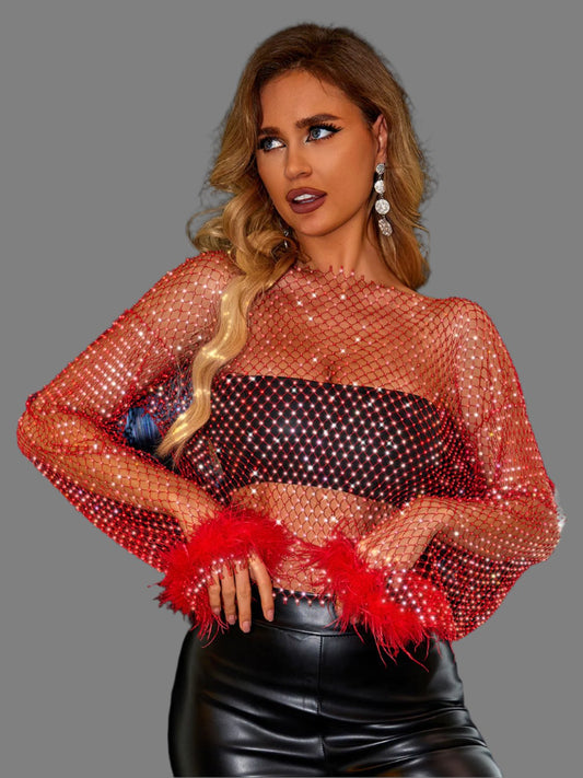 Red Openwork Long Sleeve Blouse