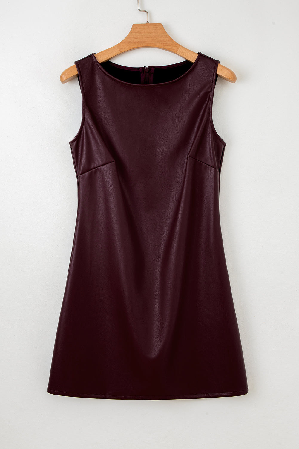Coffee Faux Leather Sleeveless Round Neck Mini Dress