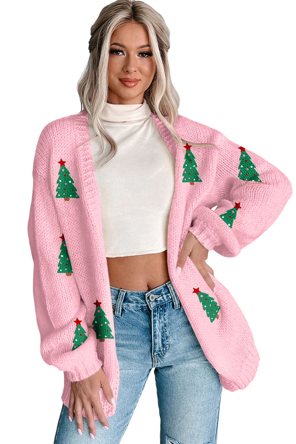 Light Pink Christmas Tree Print Open Front Drop Shoulder Knit Cardigan