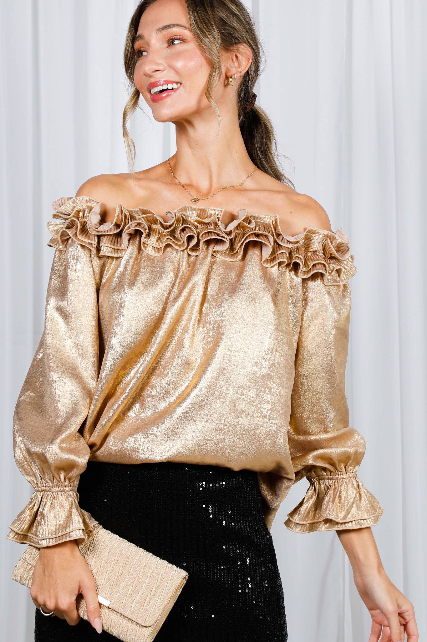 Pleated Ruffle Off-The-Shoulder Metallic Blouse