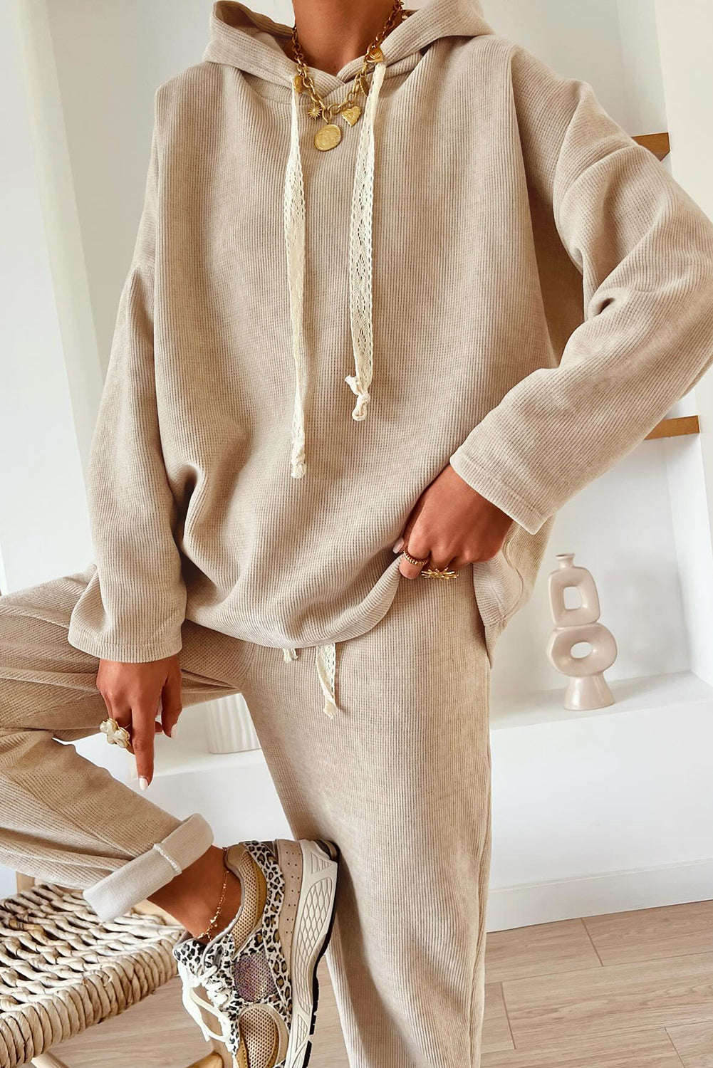 Smoke Gray Drawstring Pullover Hoodie and High Waist Pants Corduroy Suit