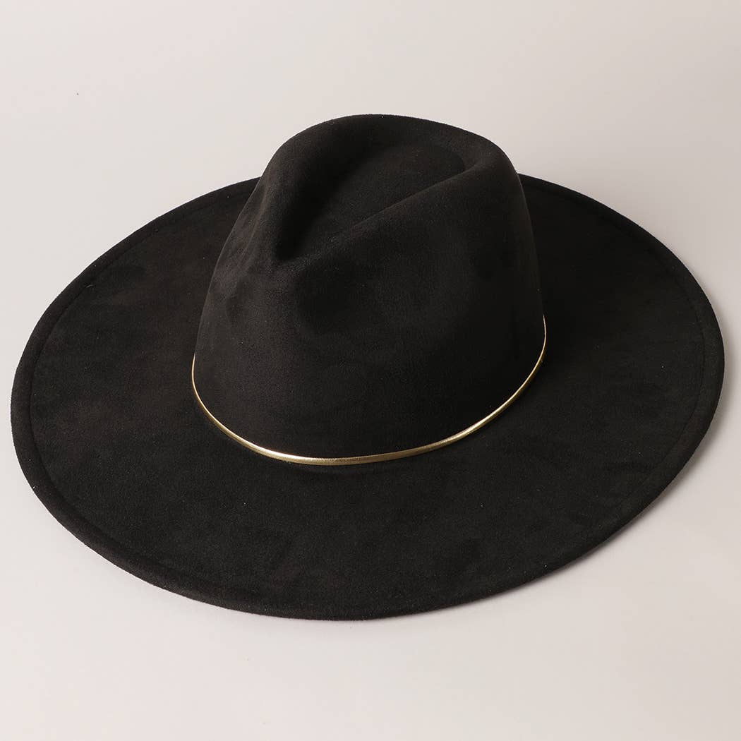 Gold Belt Wide Flat Brim Suede Fedora Hat