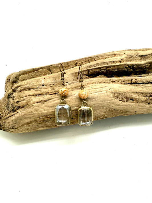 Earring Picture Jasper w/Beveled Sq.Glass Drop Antique Gold