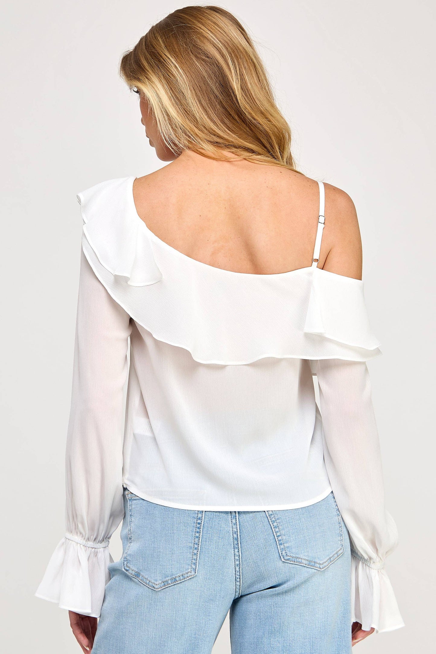 Ava Long Sleeve Top - Off Shoulder Ruffle Sheer