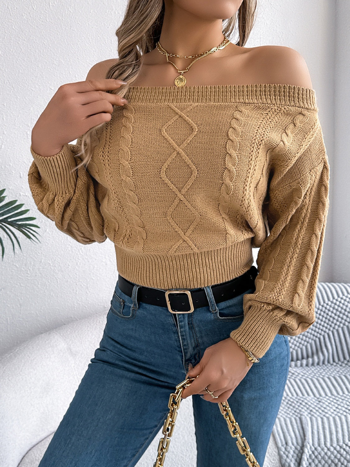 Knit Off-Shoulder Long Sleeve Sweater