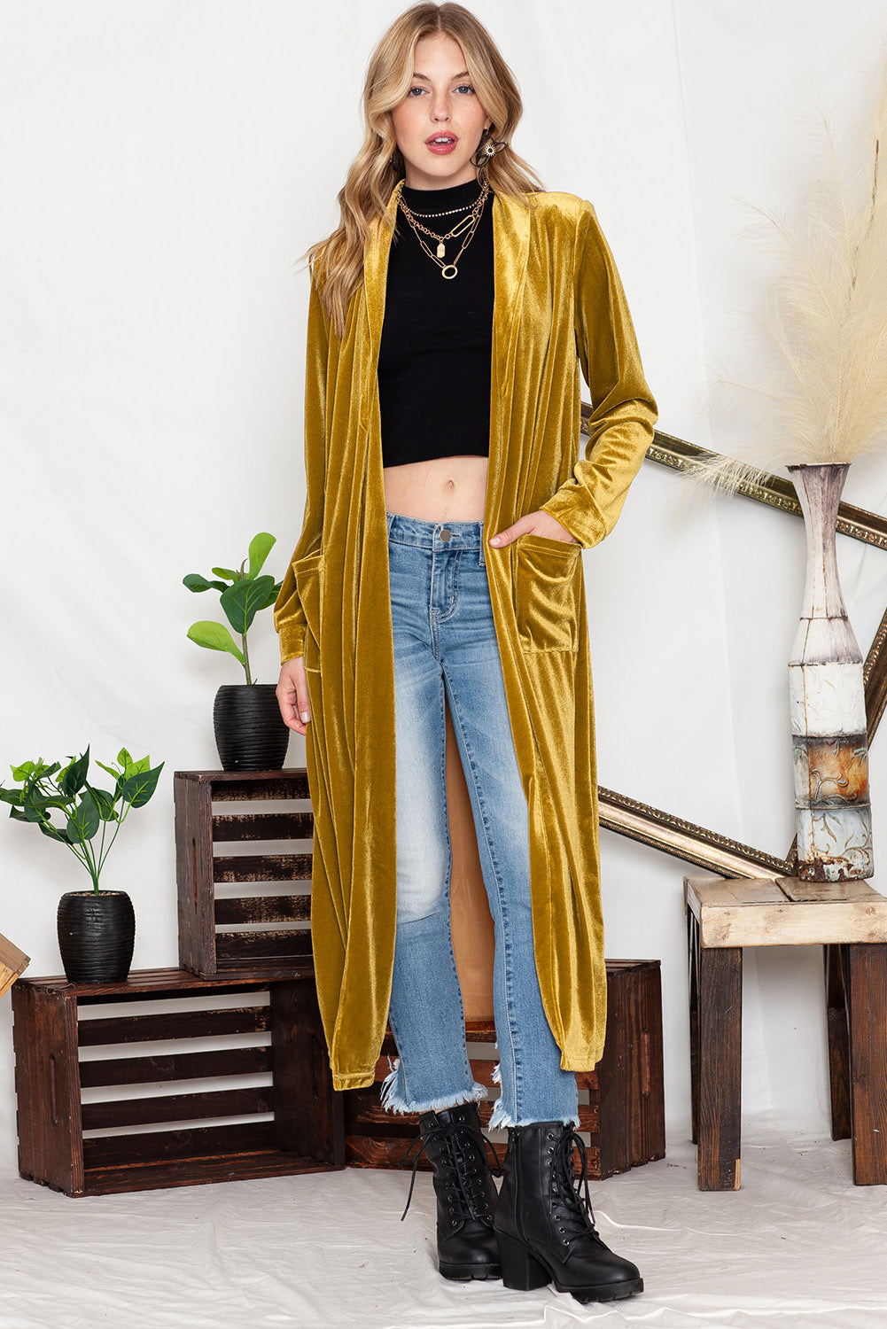 Desert Palm Pocket Open Front Long Cardigan