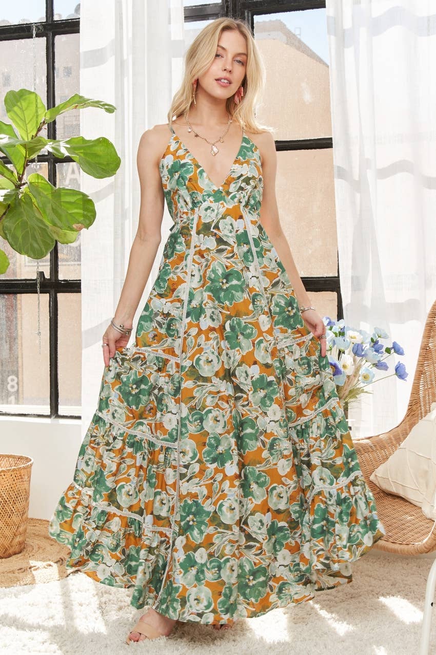 V-NECK FLORAL DRESS WITH BOW