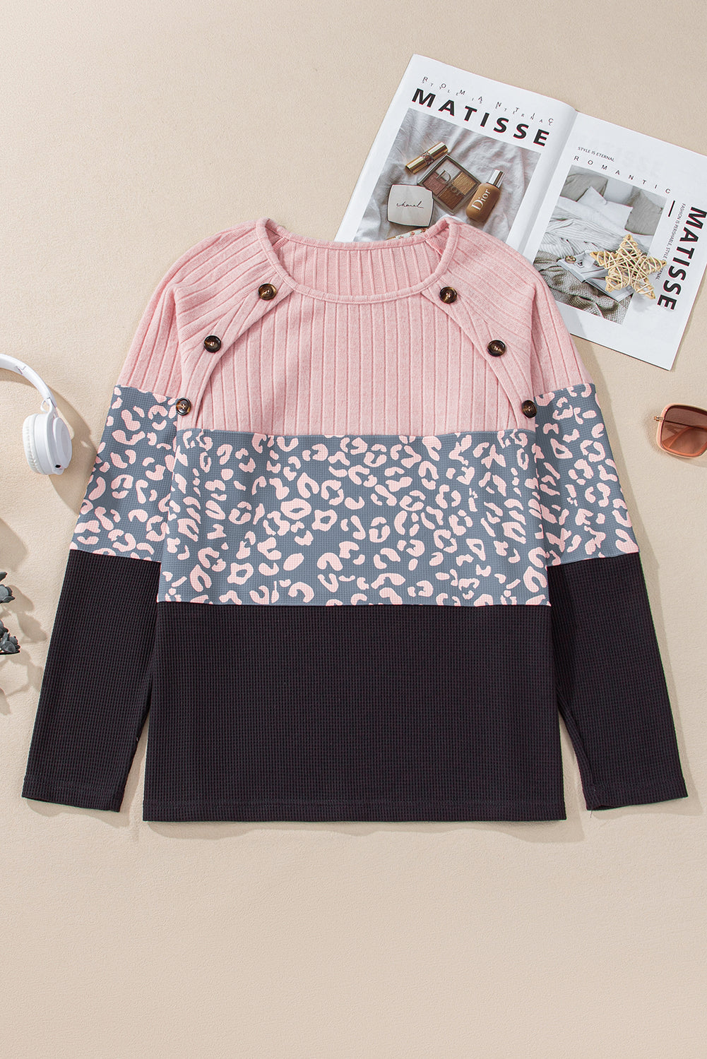 Pink Patchwork Button Decor Round Neck Top