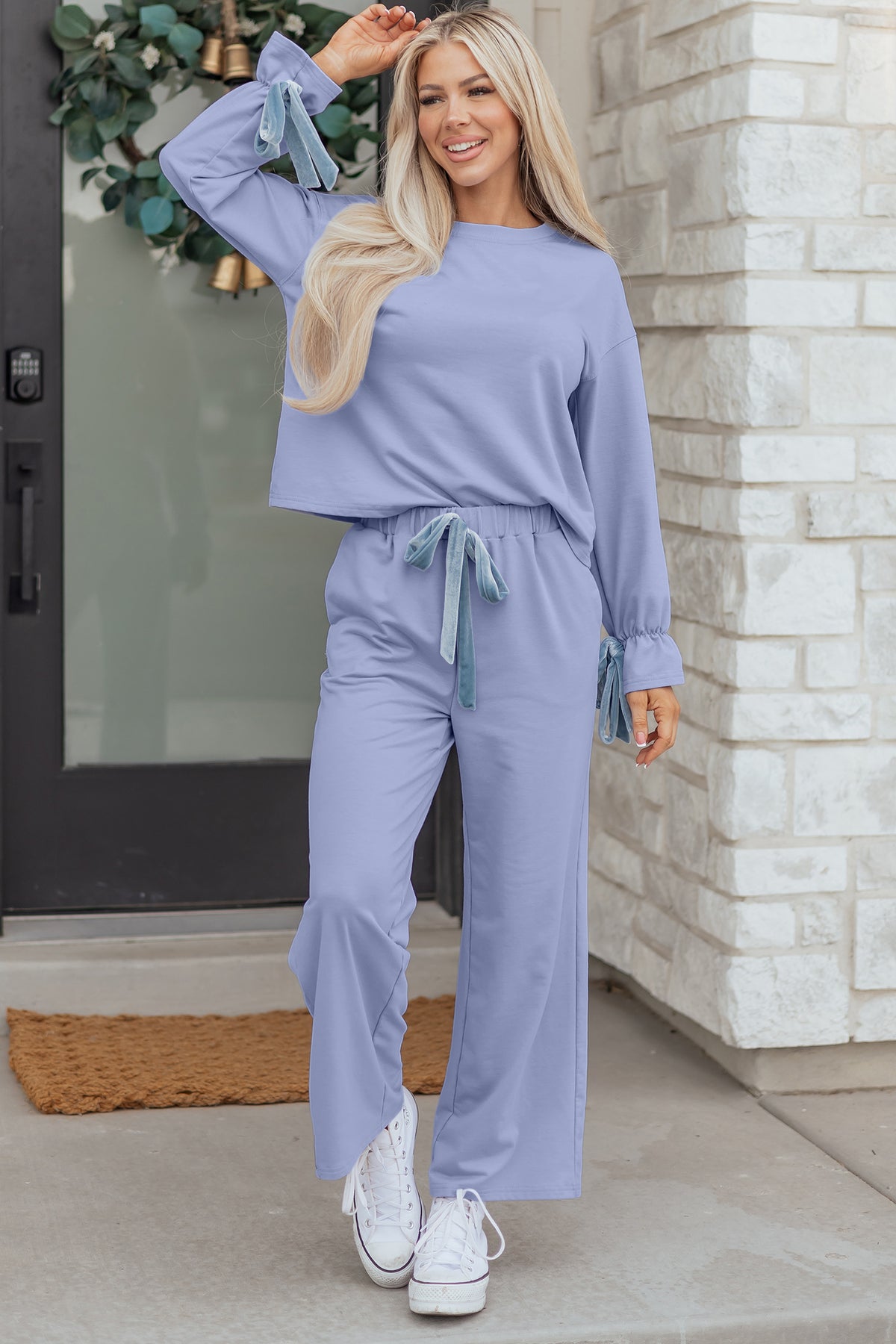 Beau Blue Flounce Long Sleeve Top Drawstring Pants Contrast Velvet Bow Knot 2pcs Lounge Set