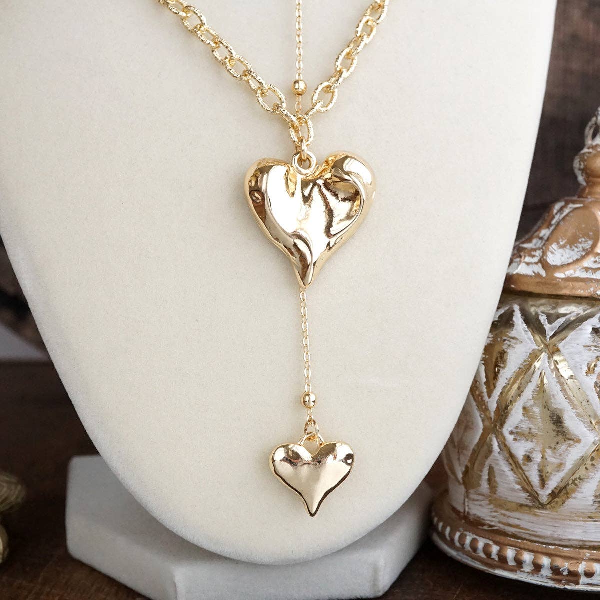 Flutter & Glow – Puffy Heart Lariat Layered Necklace in Gold