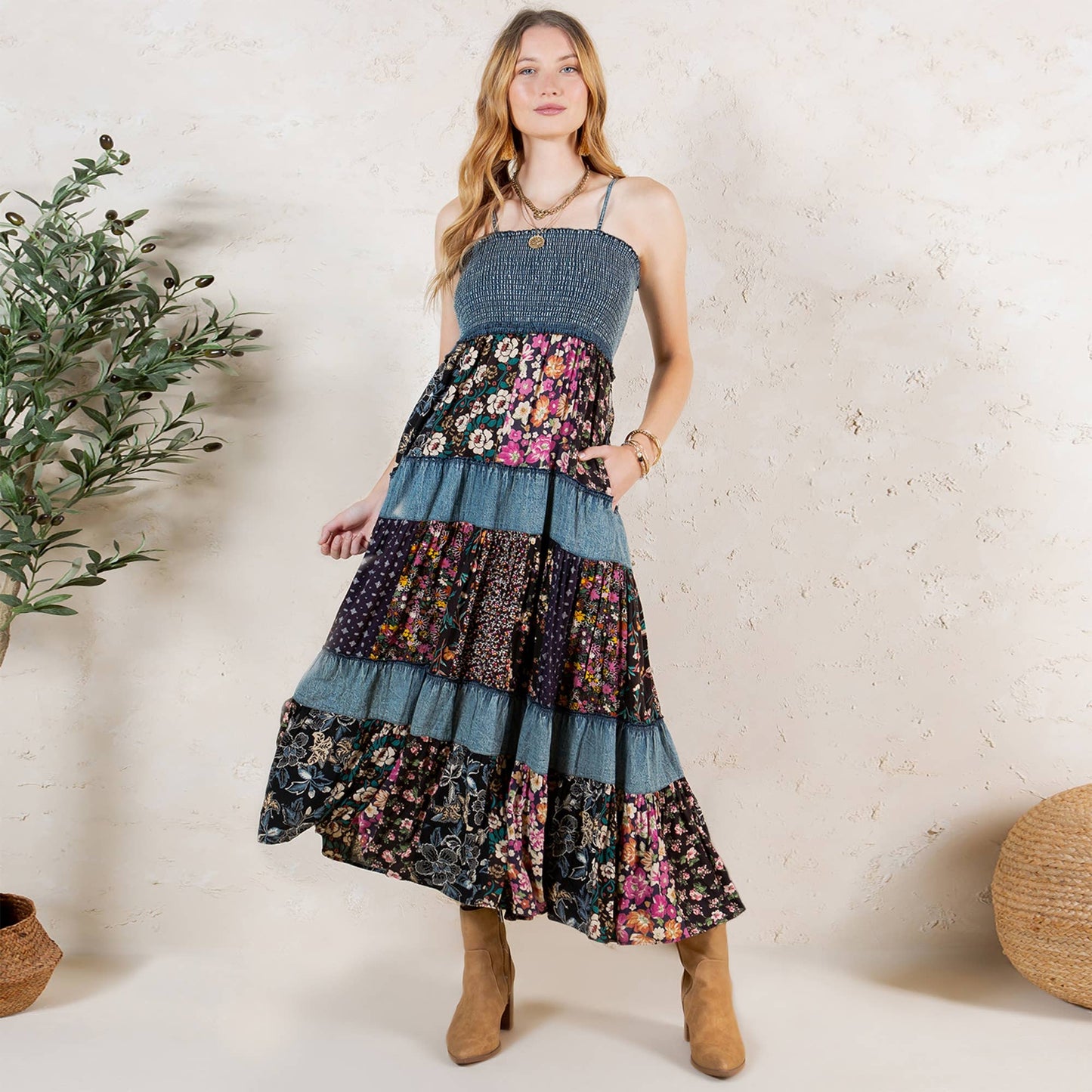 Artisan Pearl Maxi Dress Smocked Bodice Aari Embroidery