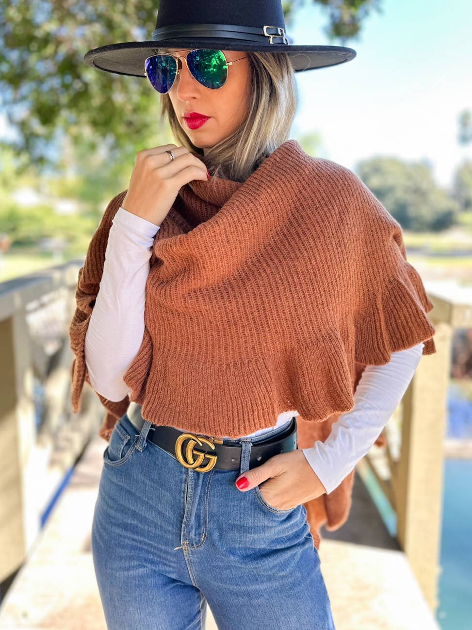 Soft Brown Ruffle Detail Open Front Lightweight Ruana Shawl