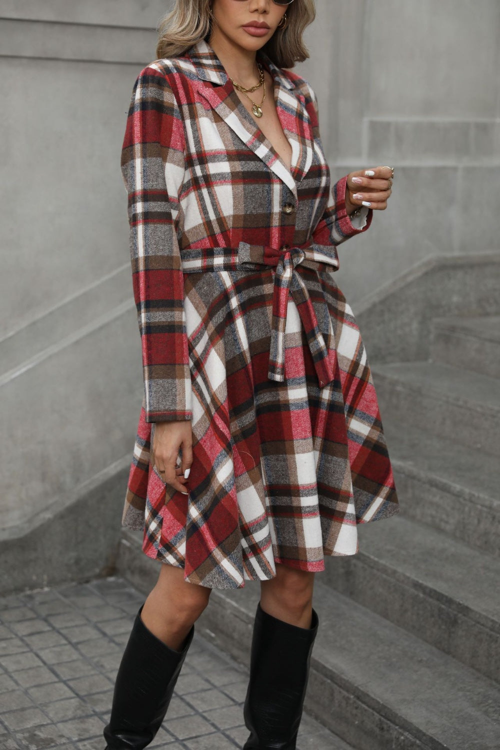 Tie Waist Long Sleeve Plaid Outerwear