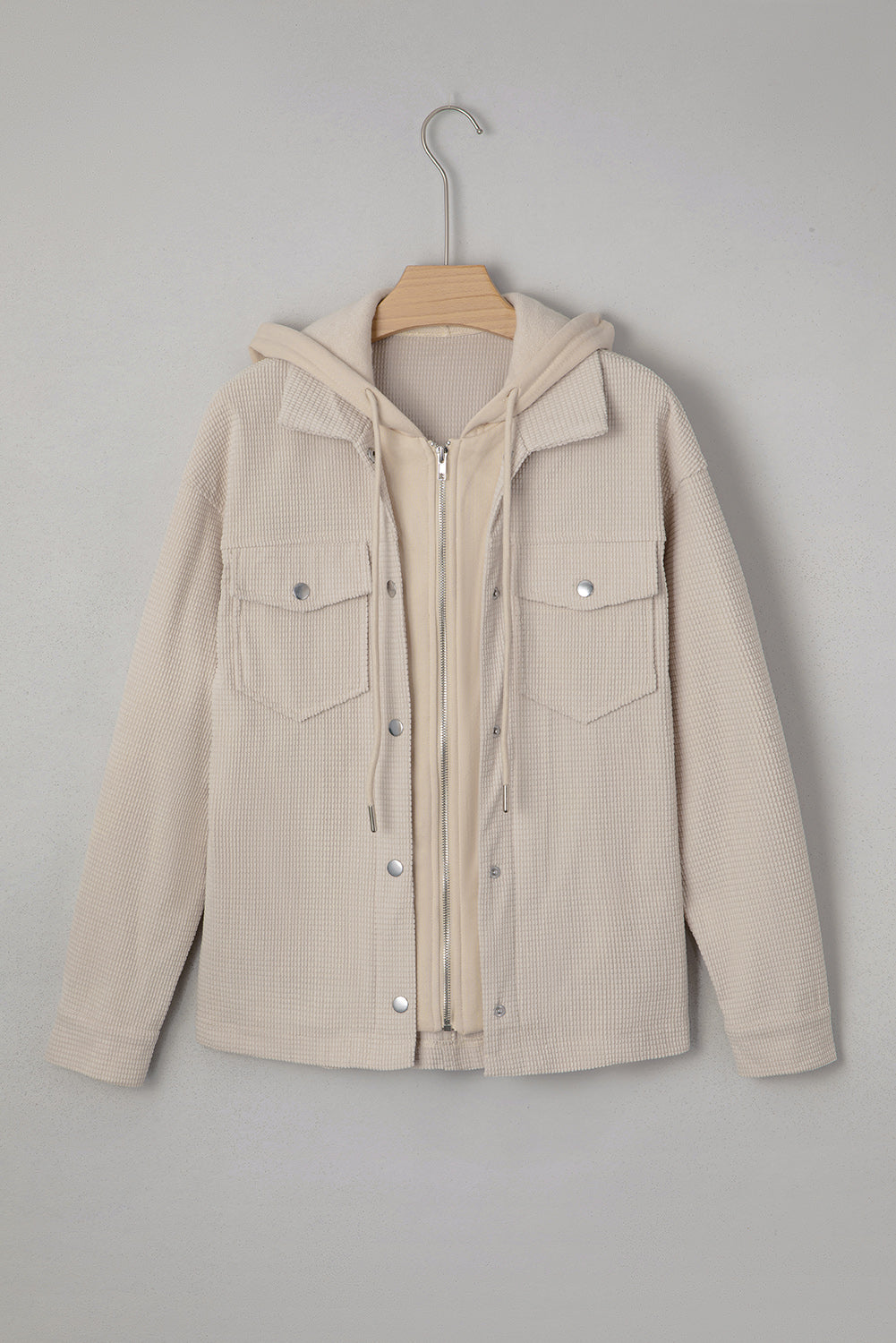 Beige Solid Color Textured Patchwork Flap Pocket Shacket