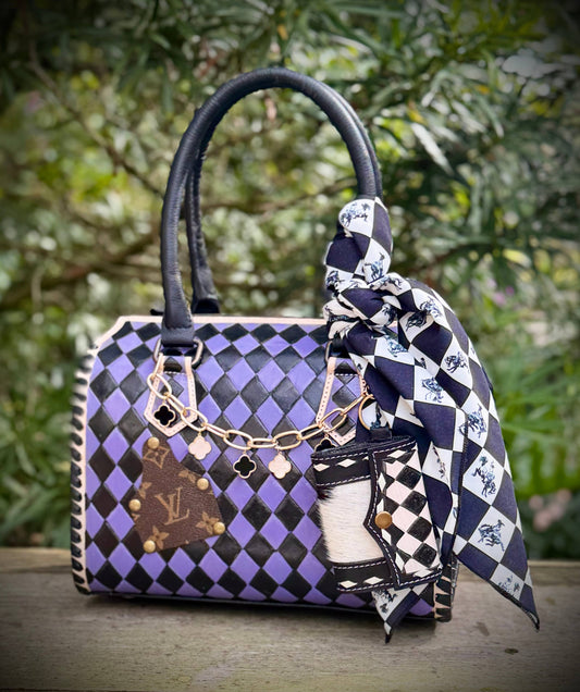 Upcycled LV Black Purple Leather Checkered Speedy Bag 