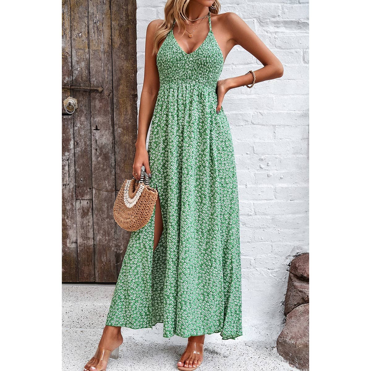 Floral Boho Tie Sleeveless High Waist Maxi Split Dress