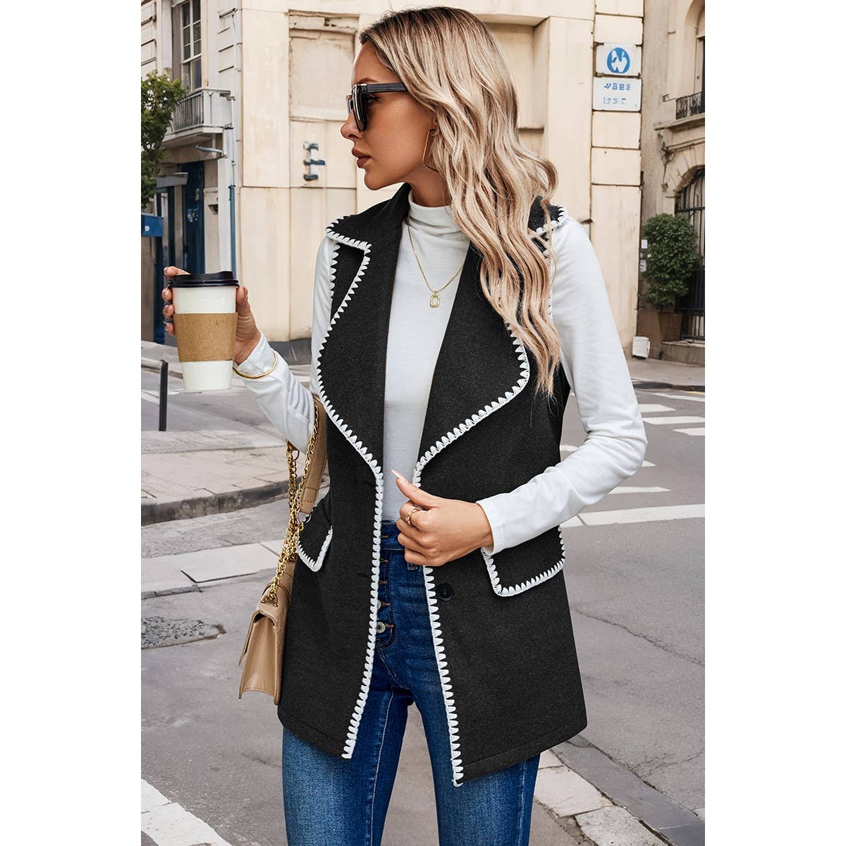 Color Block Tie Waist Button Down Vest