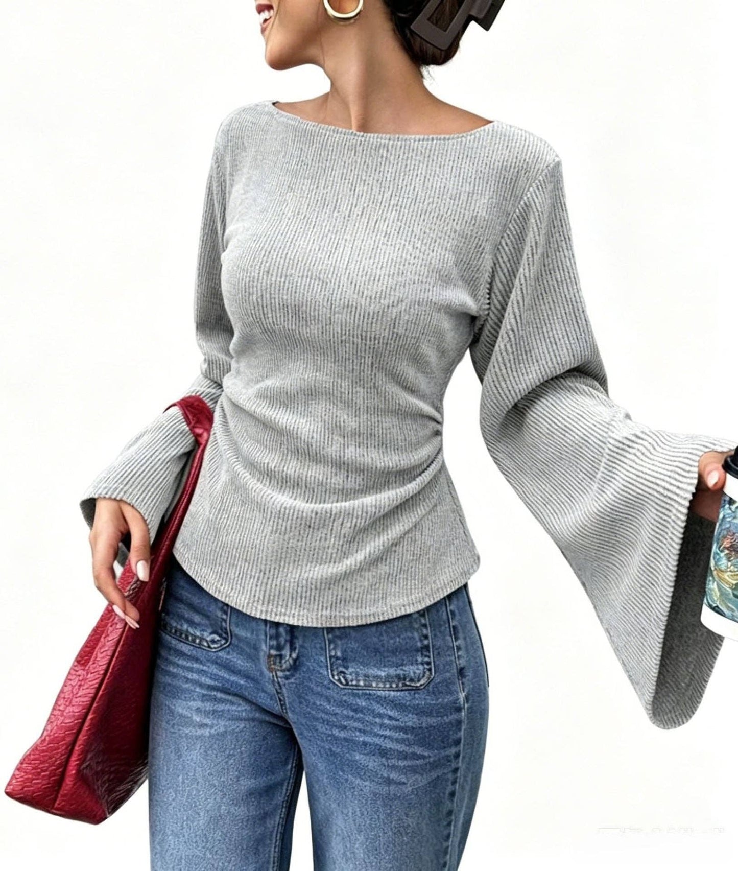 Slim Fit Bell Sleeve Ribbed Knit Top Casual Chic Women's Wear